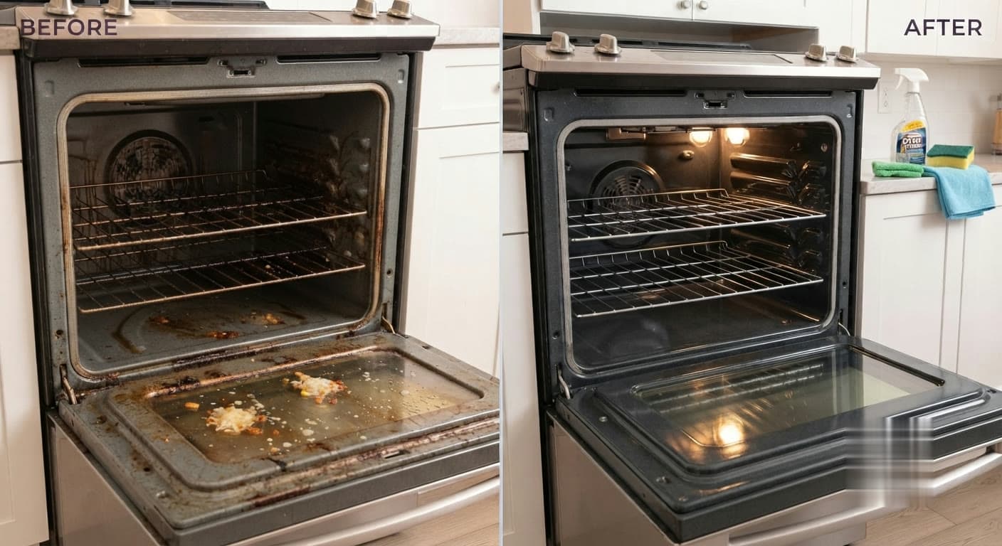 An oven interior before and after a MaidEX deep clean