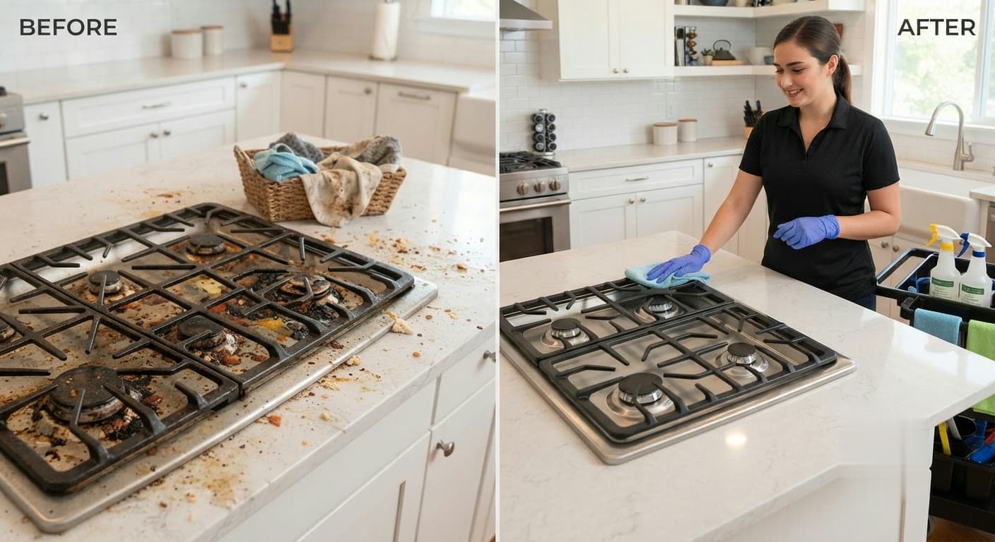 A stovetop before and after a MaidEX deep clean