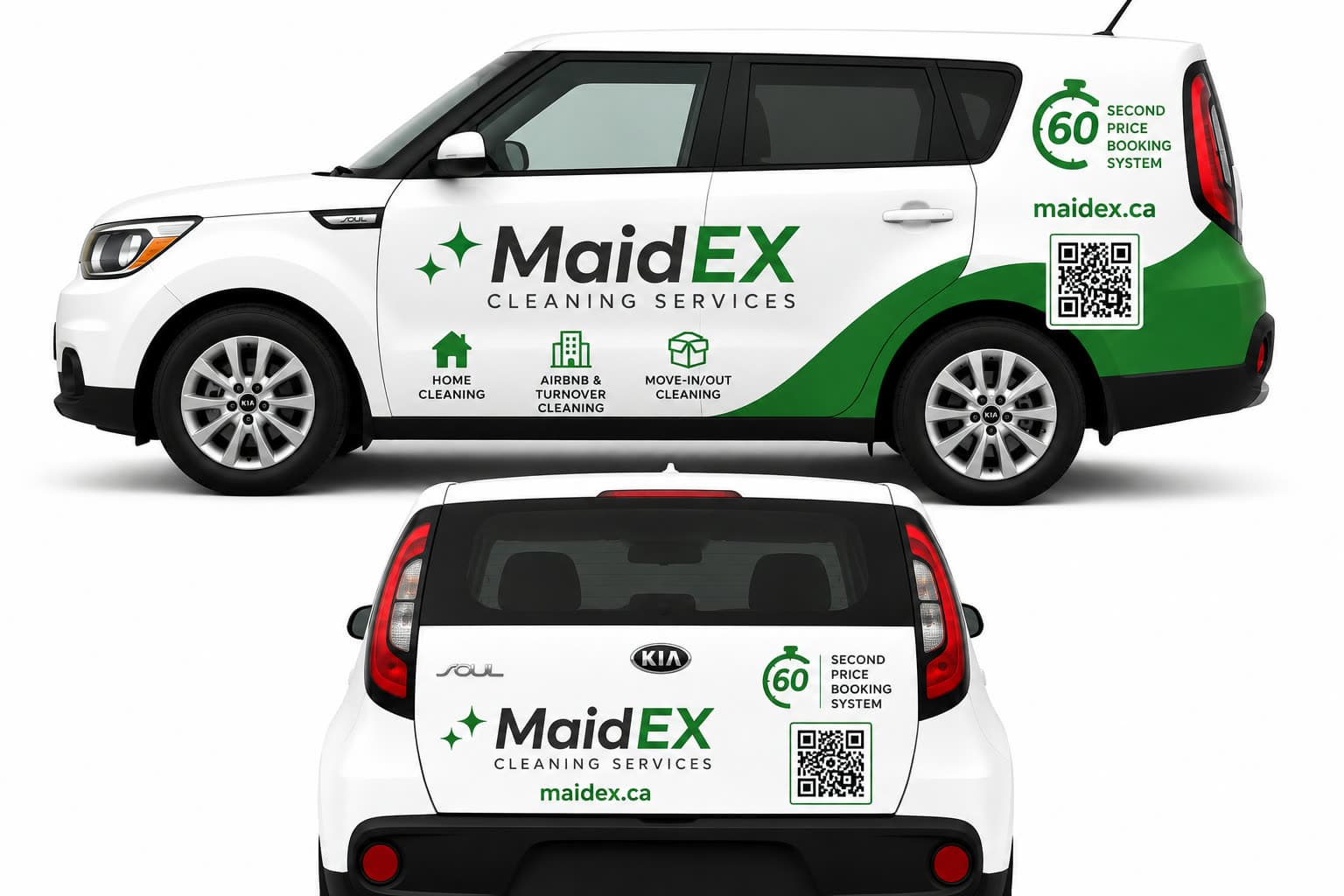 A MaidEX car in the green MaidEX wrap — side and rear view