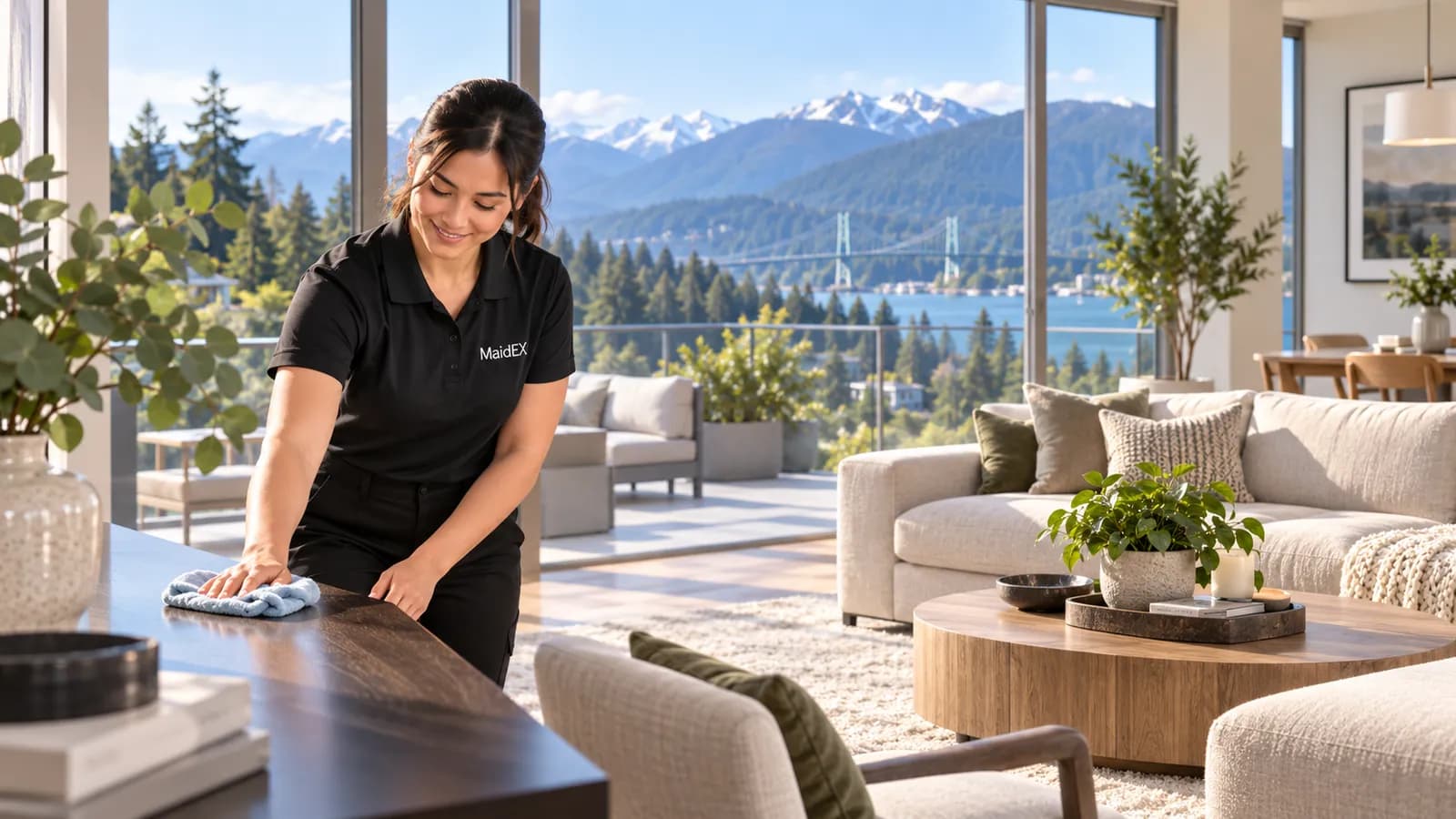 A MaidEX cleaner in a branded polo wiping a table in a bright Metro Vancouver living room with mountain and water views